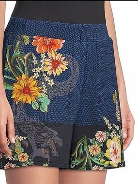 Johnny Was Dragona Easy Shorts XL Dragon Floral Boho Navy Polka Dot Pull-On